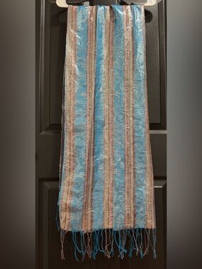Teal Metallic Stripe Scarf with Fringe